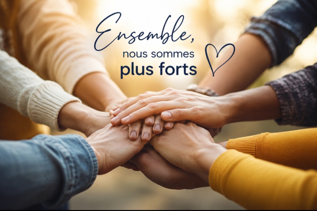 Mains de plusieurs personnes se tenant et se soutenant, avec texte « Ensemble, nous sommes plus forts ».